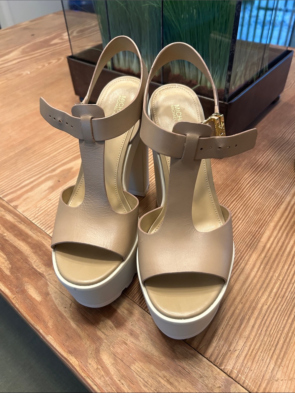 Michael Kors Beige Platform T-Strap Sandals with White Sole